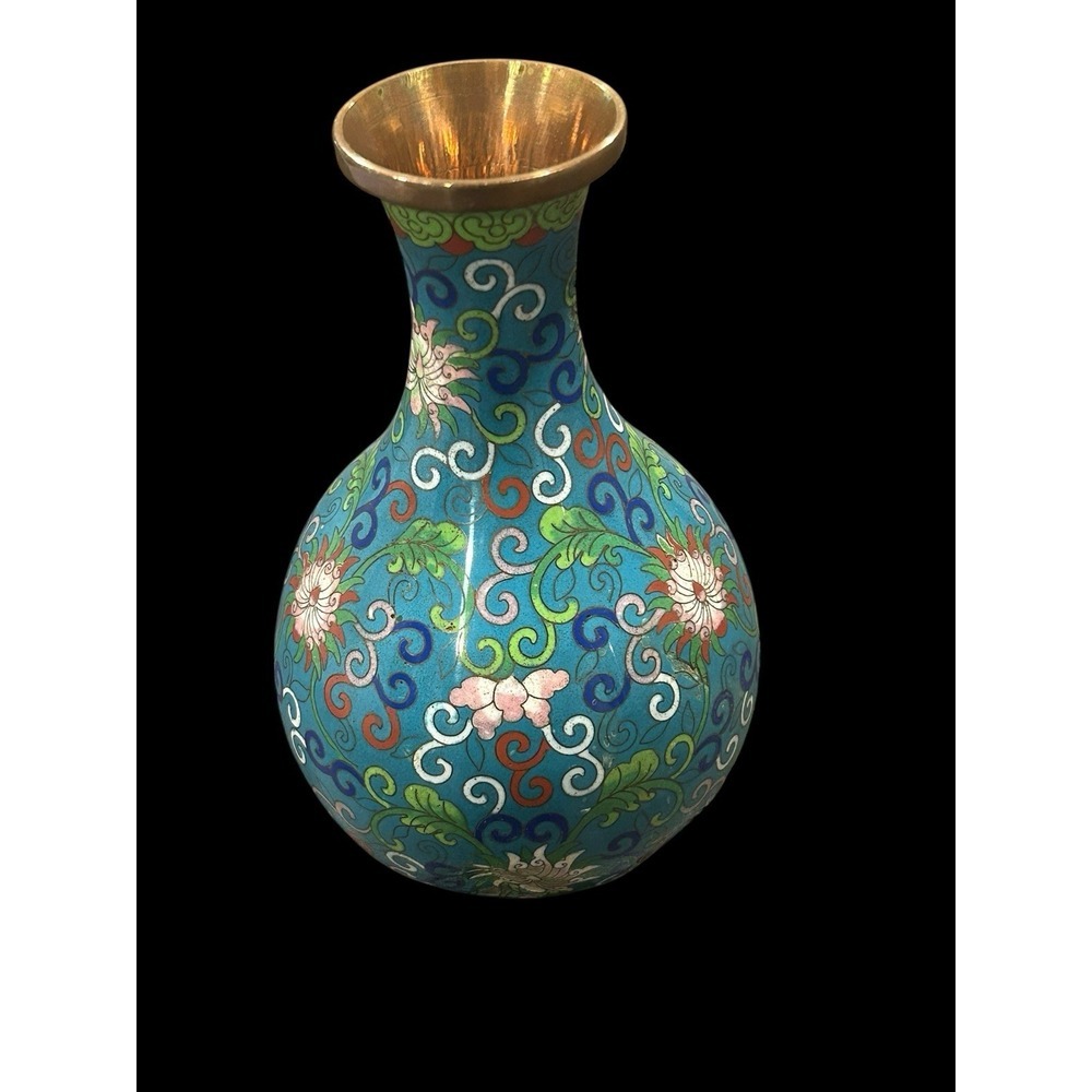 Vintage Chinese Cloisonné Vase 8" Blue Flowers Brass Enamel Design - Picture 6 of 10